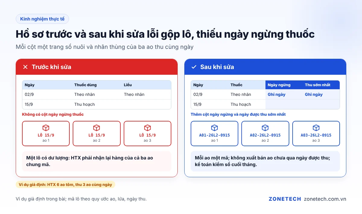 So sánh hồ sơ truy xuất thủy sản trước và sau khi sửa lỗi gộp lô và thiếu ngày ngừng thuốc