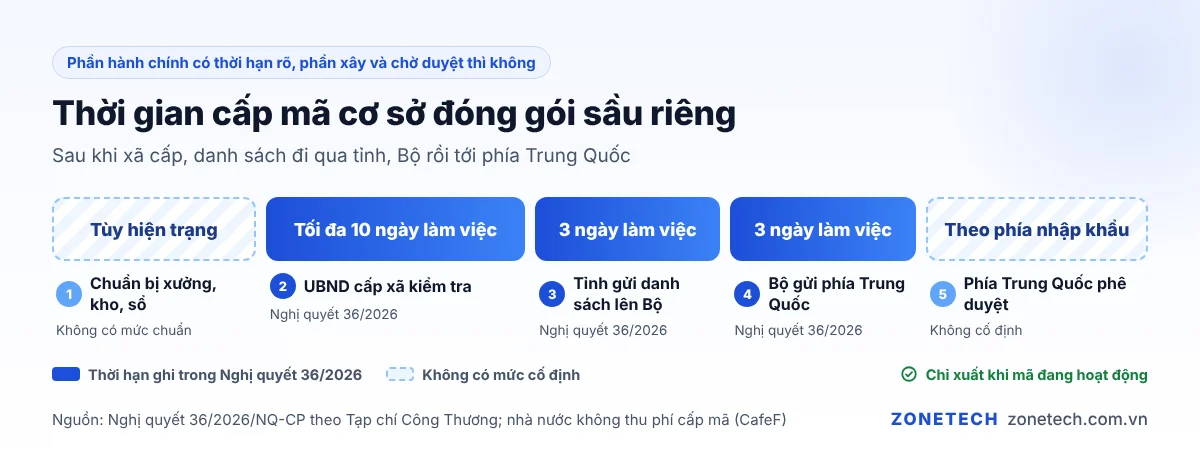 Dòng thời gian cấp mã cơ sở đóng gói sầu riêng: xã 10 ngày, tỉnh 3 ngày, Bộ 3 ngày, phía Trung Quốc phê duyệt