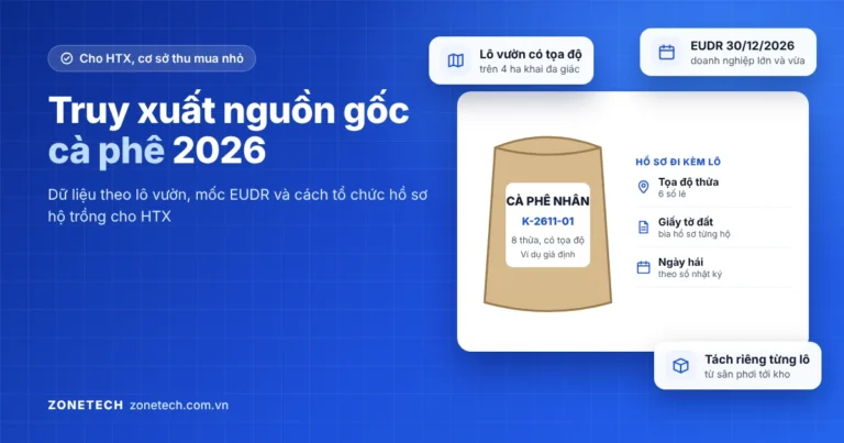 Ảnh bìa truy xuất nguồn gốc cà phê: bao cà phê nhân ghi mã lô kho kèm hồ sơ tọa độ thửa, giấy tờ đất, ngày hái