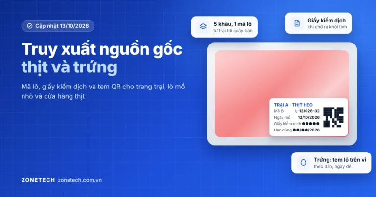 Ảnh bìa truy xuất nguồn gốc thịt và trứng: khay thịt đóng gói dán tem mã lô, ngày mổ, số giấy kiểm dịch và mã QR