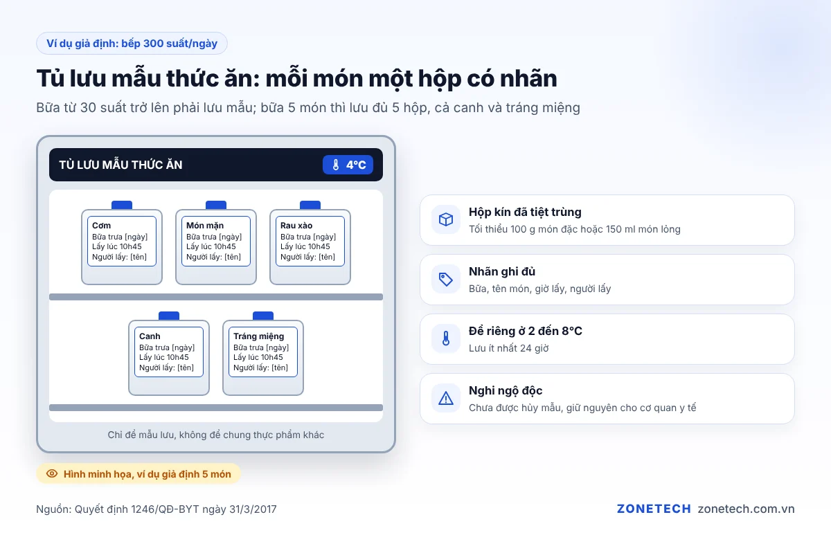 Tủ lưu mẫu thức ăn với hộp có nhãn ngày giờ, tên món và người lấy mẫu
