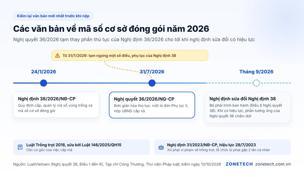 Dòng thời gian văn bản về mã số cơ sở đóng gói: Nghị định 38/2026 ngày 24/1, Nghị quyết 36/2026 ngày 31/7