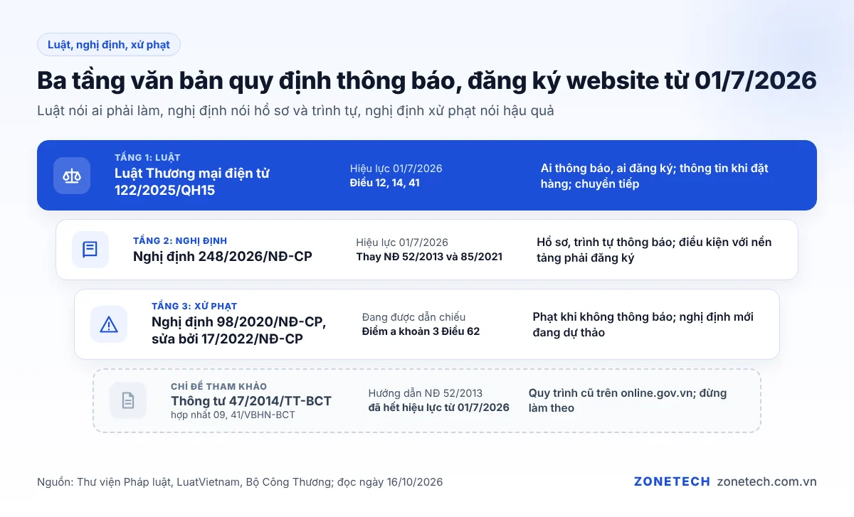 Các tầng văn bản quy định thông báo, đăng ký website từ 01/7/2026