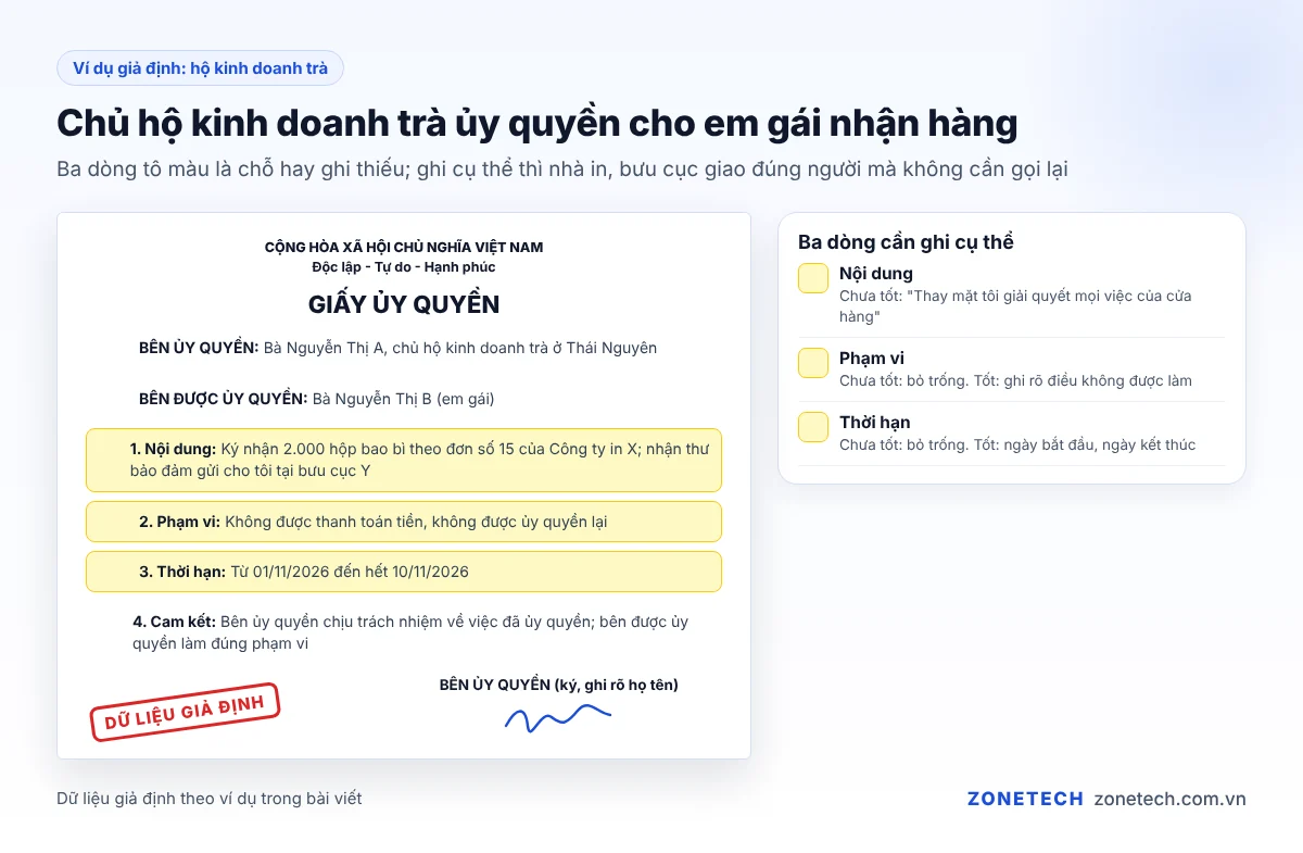 Ví dụ giấy ủy quyền cá nhân của chủ hộ kinh doanh trà cho em gái nhận hàng, dữ liệu giả định