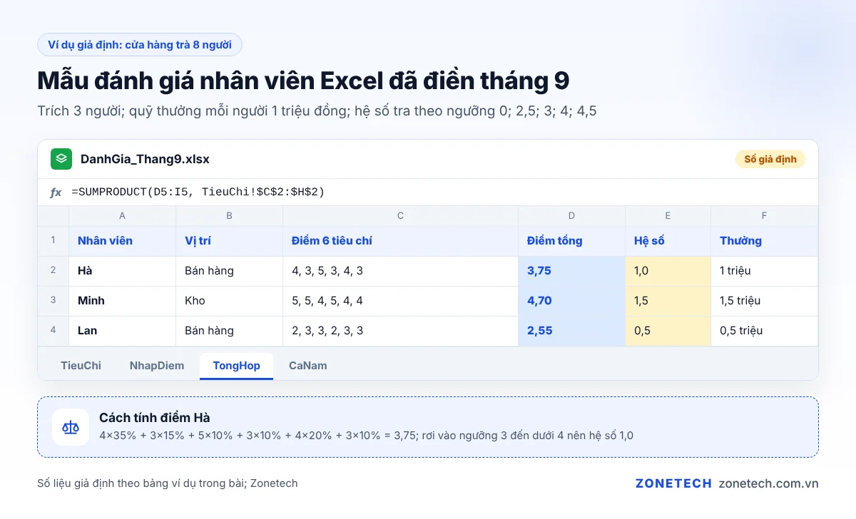 Ví dụ mẫu đánh giá nhân viên bằng Excel đã điền điểm tháng 9 cho 3 nhân viên