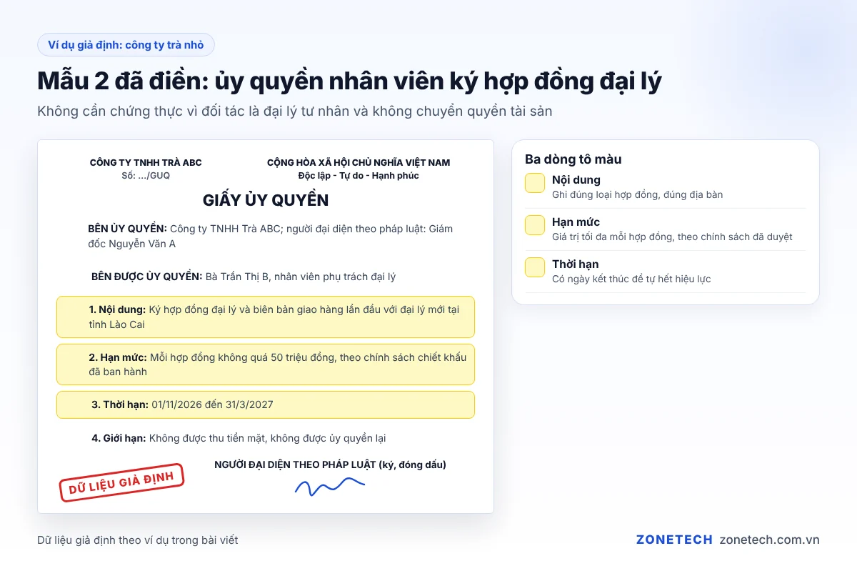 Ví dụ mẫu giấy ủy quyền công ty cho nhân viên ký hợp đồng đại lý, dữ liệu giả định