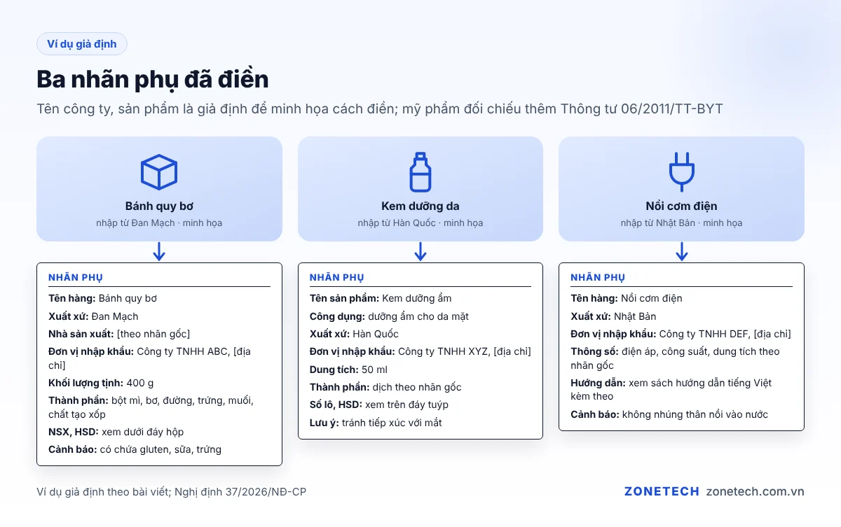 Ba nhãn phụ đã điền cho bánh quy, kem dưỡng da và nồi cơm điện nhập khẩu