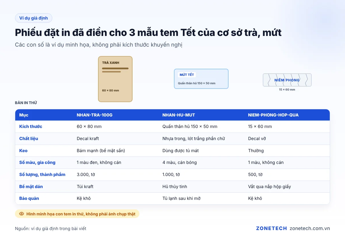 Ví dụ phiếu đặt in decal đã điền cho ba mẫu tem: nhãn túi trà kraft, nhãn hũ mứt nhựa trong, tem niêm phong decal vỡ