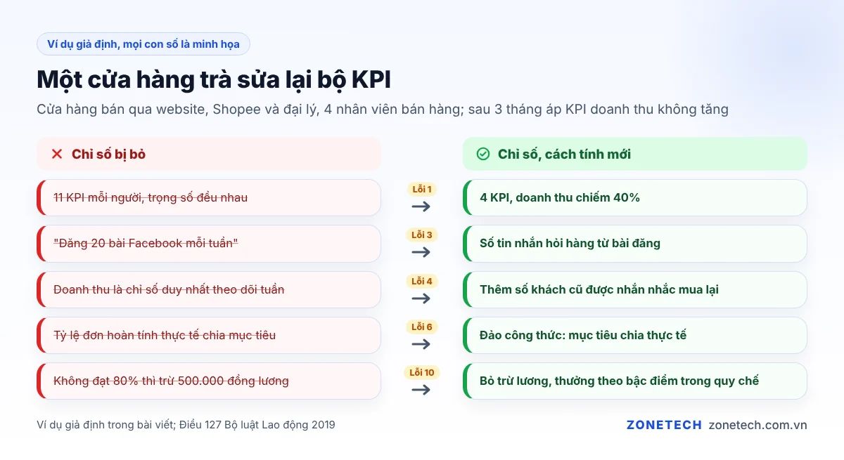 Bảng so sánh bộ KPI trước và sau khi sửa của một cửa hàng trà, ví dụ giả định