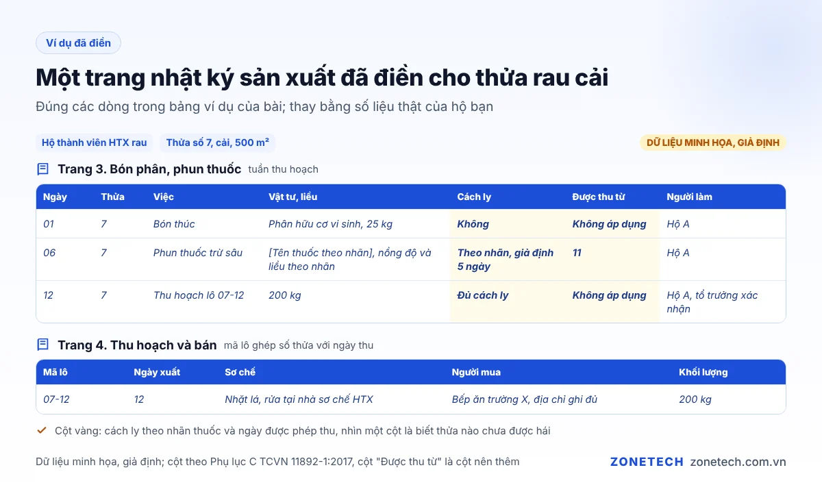 Ví dụ trang nhật ký sản xuất đã điền cho thửa rau cải: bón phân, phun thuốc, thu hoạch, bán (dữ liệu giả định)