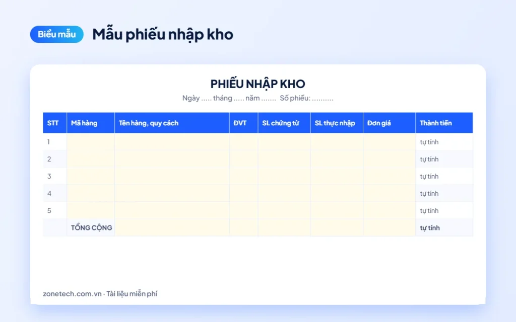Xem trước Mẫu phiếu nhập kho