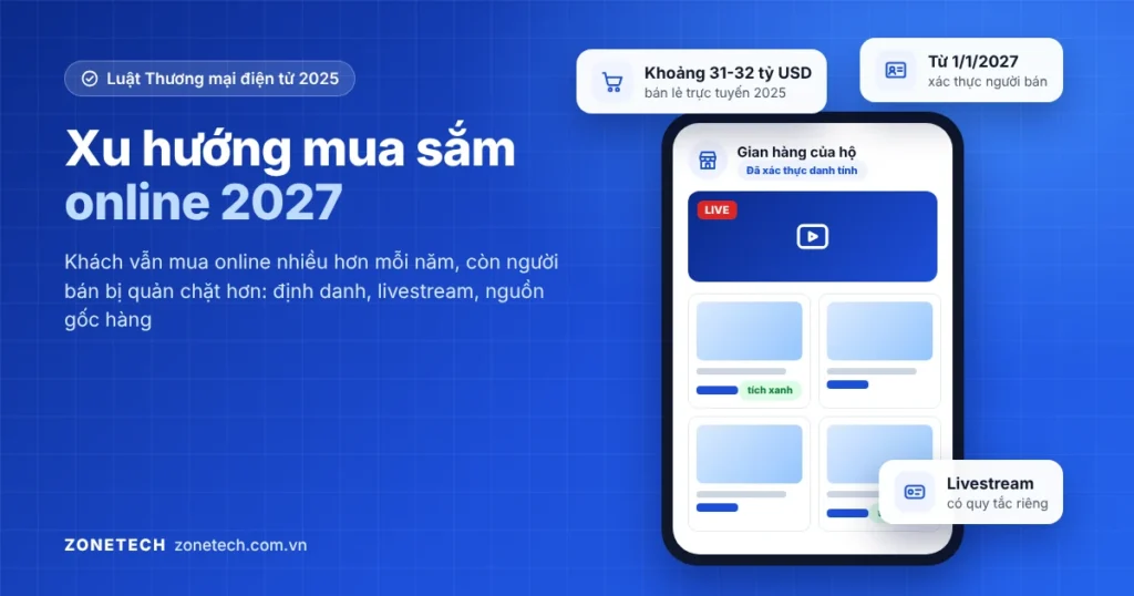 Ảnh bìa xu hướng mua sắm online 2027: gian hàng trên điện thoại đã xác thực danh tính, livestream và tích xanh
