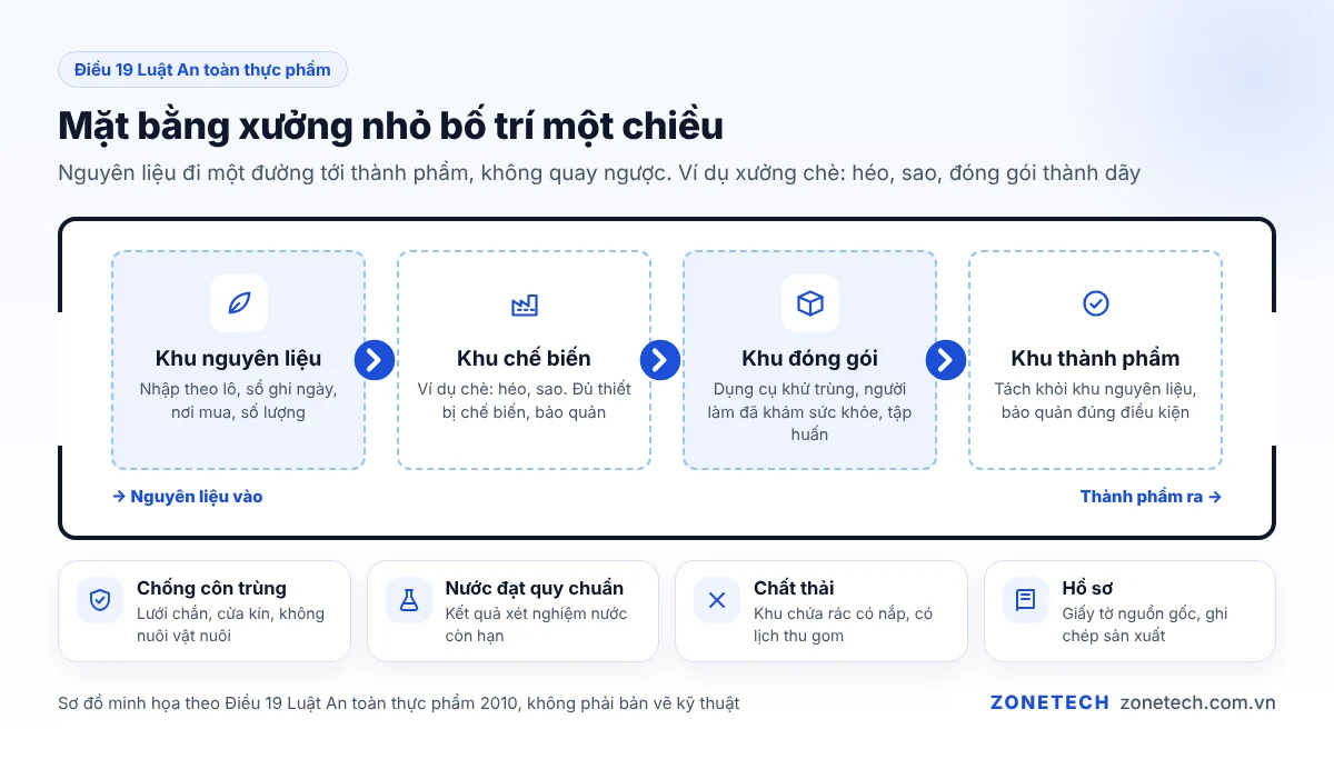 Xưởng chế biến nông sản bố trí một chiều từ nguyên liệu đến thành phẩm