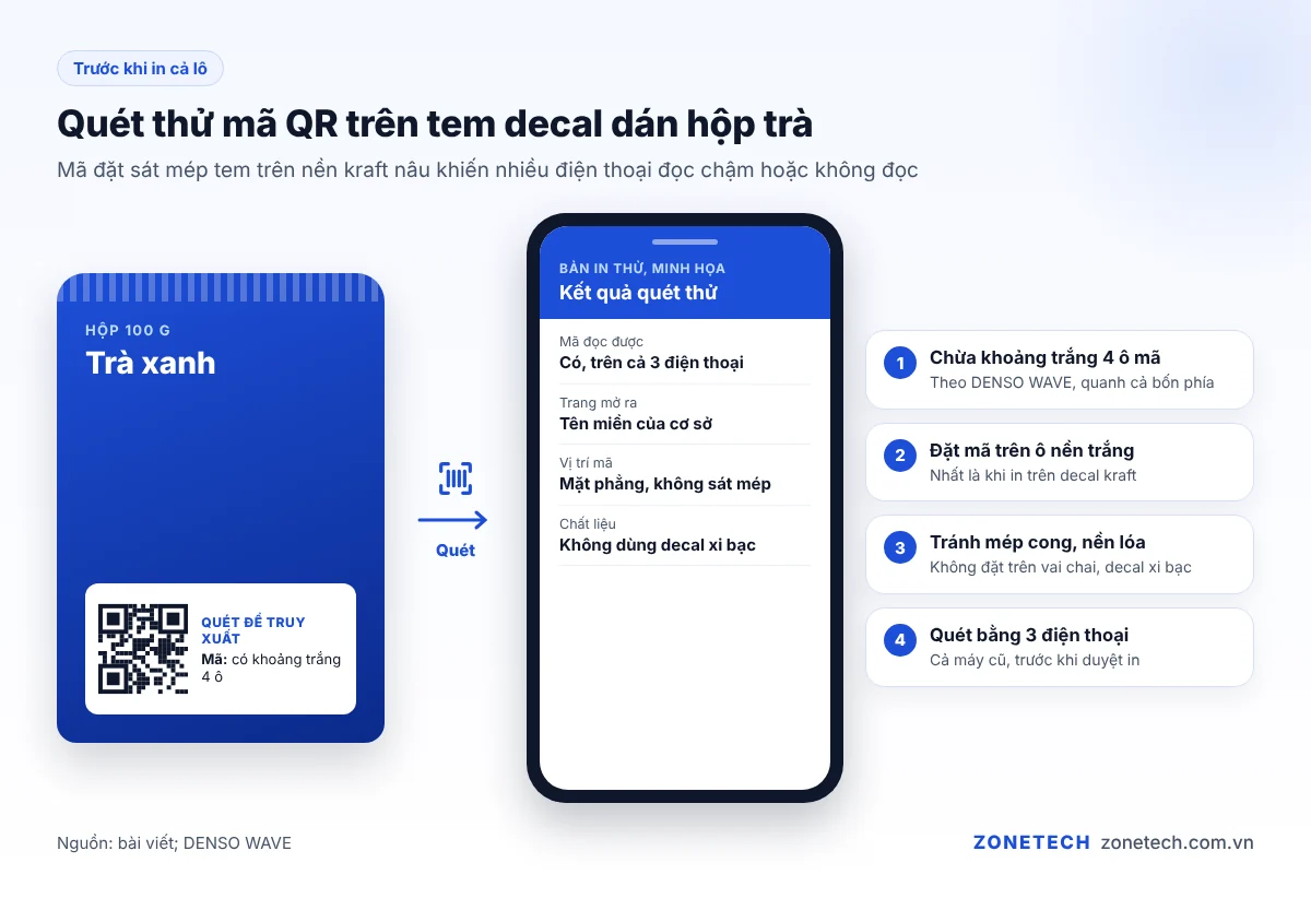Quét thử mã QR trên tem decal dán hộp trà trước khi in cả lô