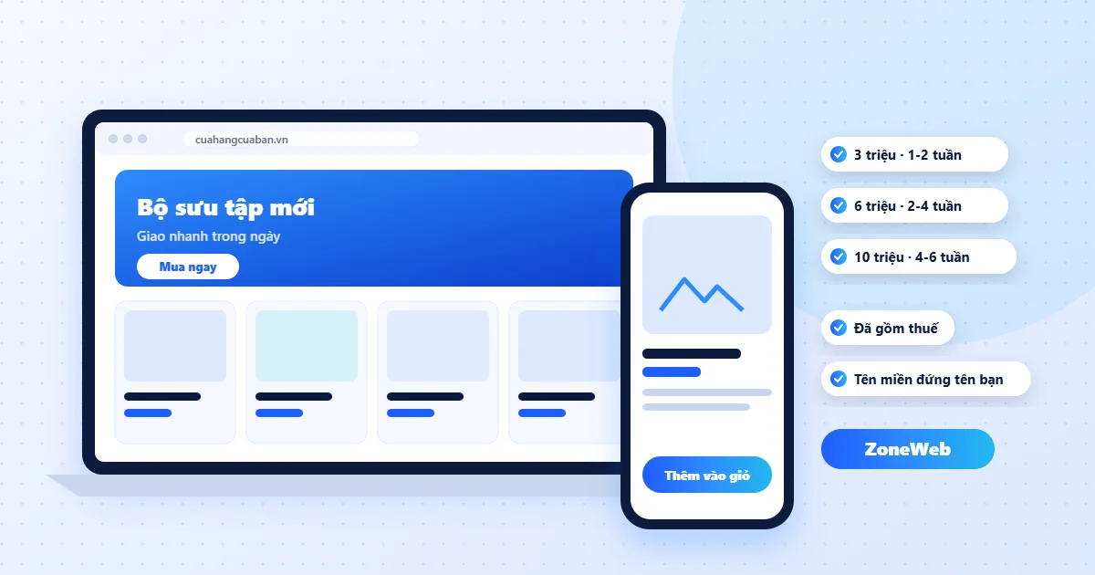 Website bán hàng ZoneWeb trên máy tính và điện thoại, ba mức giá 3, 6, 10 triệu